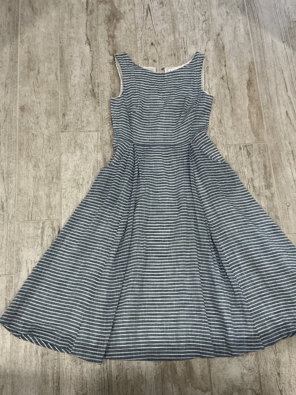 Midi, blue and white striped dress , 100% cotton, lined . Pockets size 4